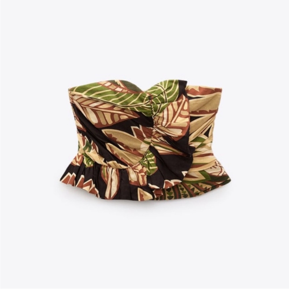 Zara Linen Blend Ruffle Ruched Strapless Top Size Small - Picture 7 of 14